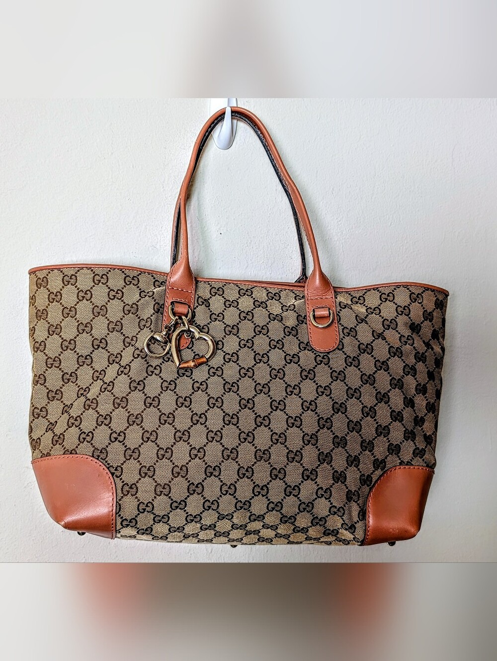 Gucci GG Canvas Heart Bit Tote Bag with Leather Trim Super Nice.